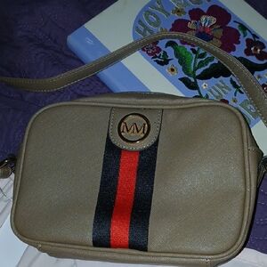 Marilyn Monroe Tan Crossbody Bag with Red and Black Stripes